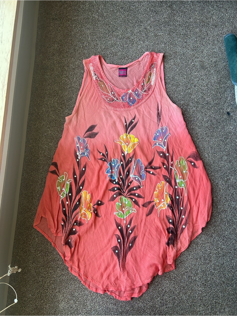 California Dream Coral Floral Embroidered Sleeveless Tunic